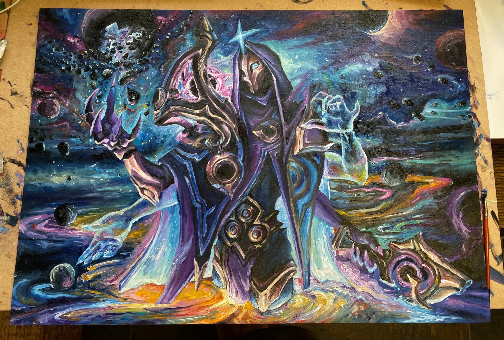 An oil painting of a fantasy magical creature standing in swirling magical waters with floating rocks or planets around and behind them, Two hands are very translucent so you can see the scenery behind them, Another clawed hand is gesturing possibly to levitate a large device in from of the figure and there are a cluster of rocks streaming from above the hand towards or away from a planet. A fourth hand holds a large sceptre close to the water. The head is hooded with a four pointed star at the apex while the face is covered by a mask and only one eye is visible and focused on the strange shaped multipart metal ornament in front of the figure. The body is covered by a robe of the same material as the cowl. The image is a study based on splash art of the character 'Cosmic Jihn' from the League of Legends game.